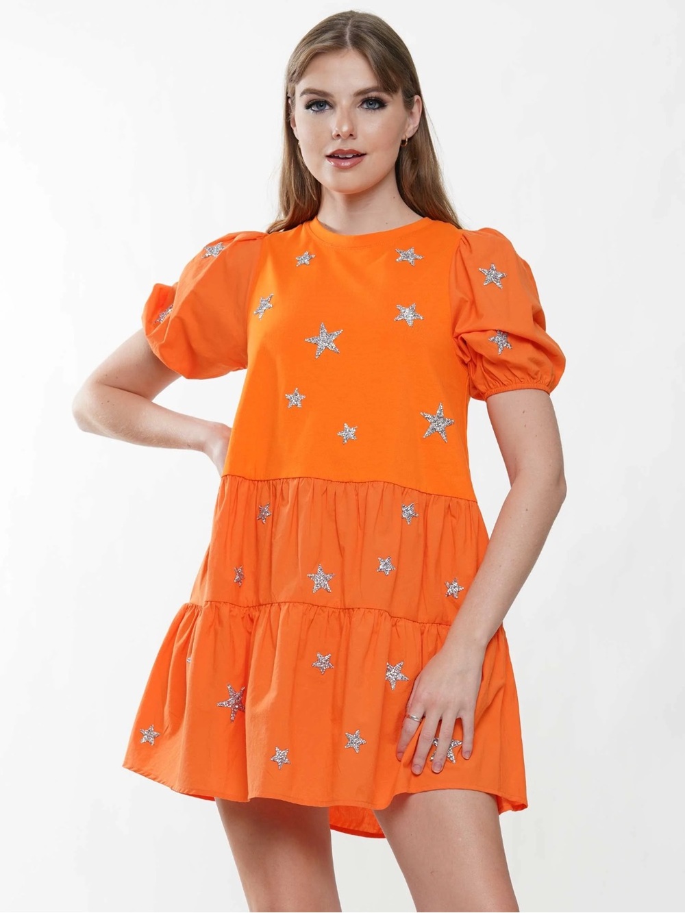 Why dress Star-Embellished Orange Puff Sleeve Mini Dress medium cotton